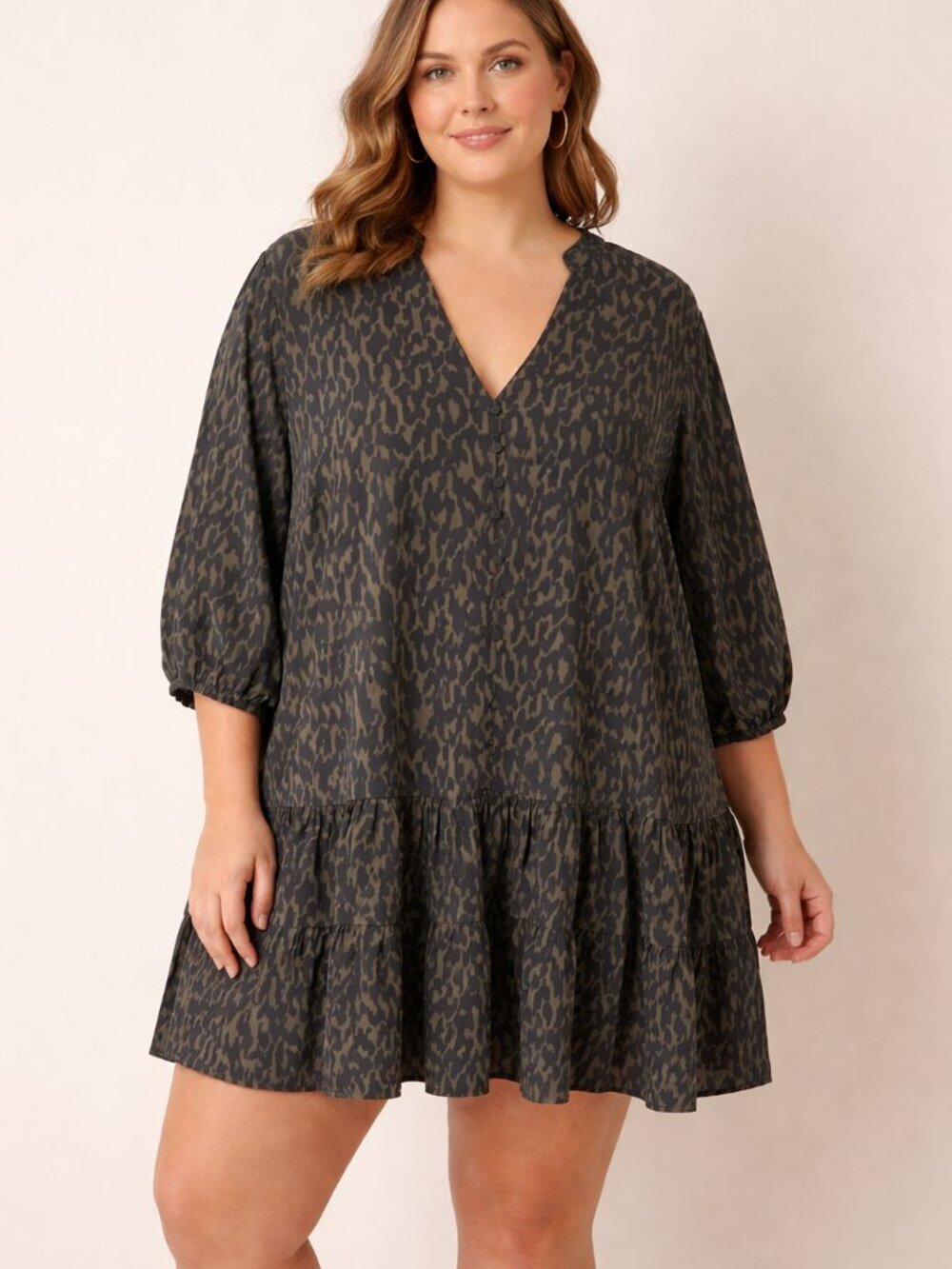 City Chic Olive and Black Printed V-Neck Tiered Dress